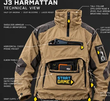 J3 HARMATTAN: Half-zip dust anorak, Imaginative Arcade techwear